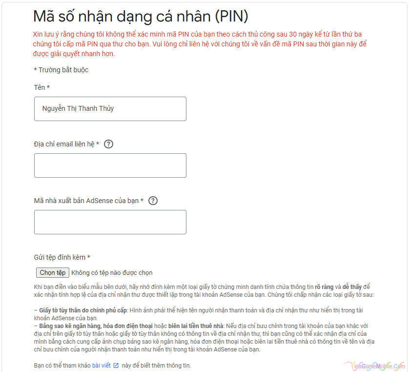 Hướng dẫn nhận mã PIN Adsense 04