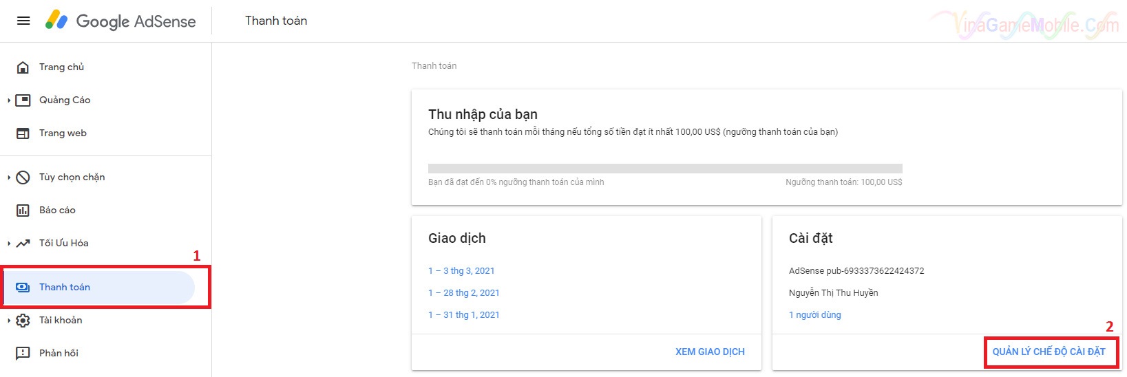 Hướng dẫn cài đặt thông tin thuế Adsense 01