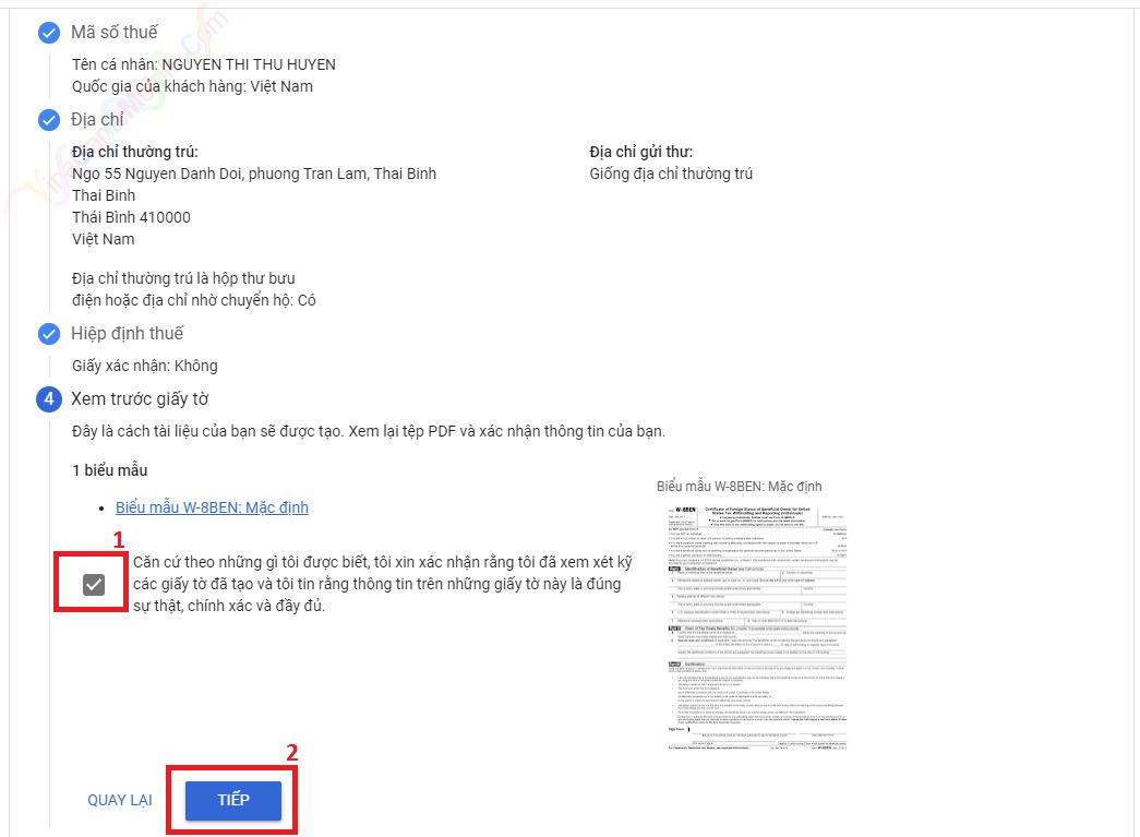 Hướng dẫn cài đặt thông tin thuế Adsense 07