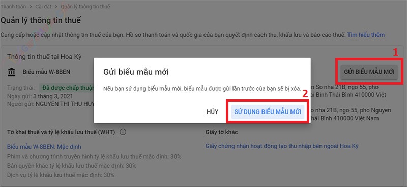 Thay đổi thông tin khai báo thuế Adsense