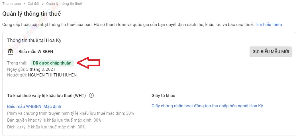 Trạng thái biểu mẫu Thuế Adsense